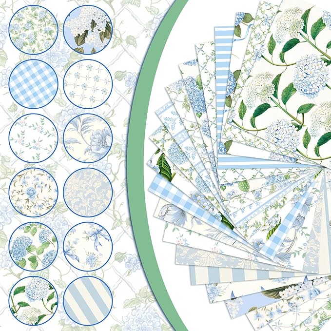Ganeen 60 Pcs10x10 Inch Hydrangea Fabric Square Bundle Watercolor Dusty Blue Floral Quilting Fabric Plaid Printed Stripe Fat Patchwork Precut Stripes for Spring DIY Handmade Materials Craft Sewing