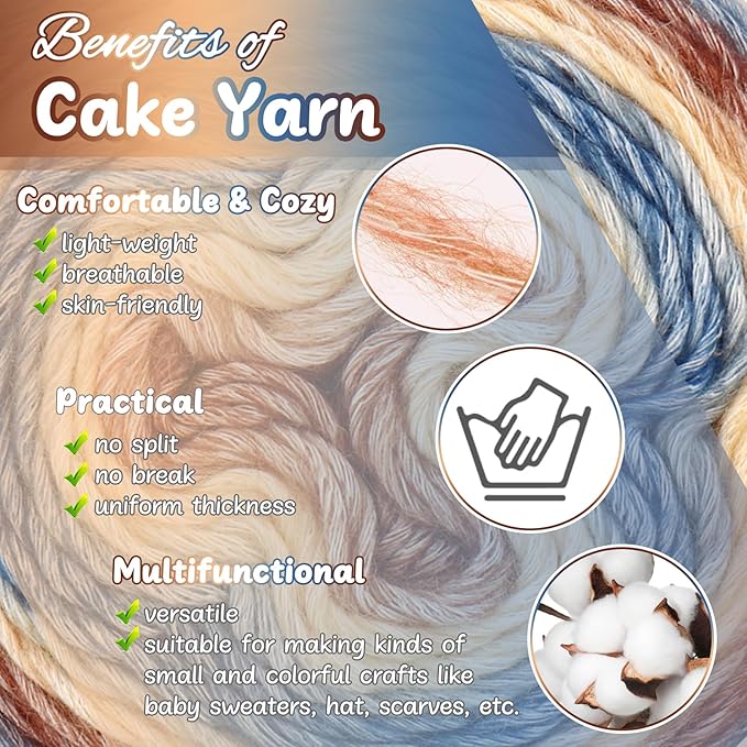 Aeelike Cake Yarn for Crocheting, 3 Skeins Gradient Cake Yarn 100g (3.52 oz) 245m (267 Yards), Super Soft Ombré Yarns Cake Rainbow Cotton Yarn for Making Colorful Crafts, Khaki Gradient