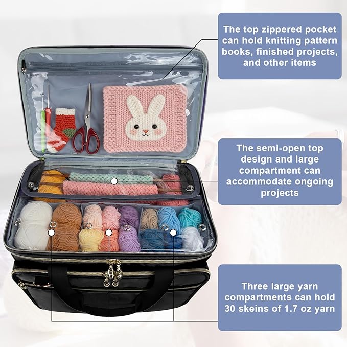 Anitor Large Crochet Bag Knitting Bag Yarn Storage Tote, Yarn Bag with Clear Top Lid, Unfinished Project Compartment, 6 Yarn Holes. Holds Knitting Needles, Crochet Hooks, Yarn, Black, (Bag Only)