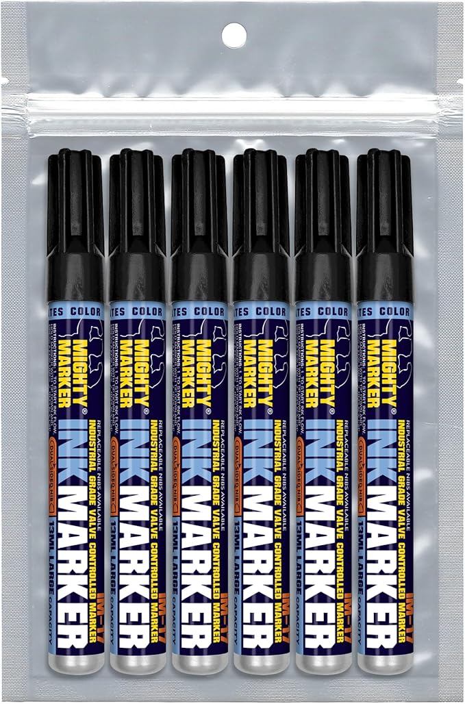 IM-17 Ink Marker, Dual Tip, 13ml Alcohol-Based Permanent Ink, Waterproof Fade & Abrasion Resistant, Valve Action, 6 Bonus Tips, Manufactured in USA, 6 Pack (Black)