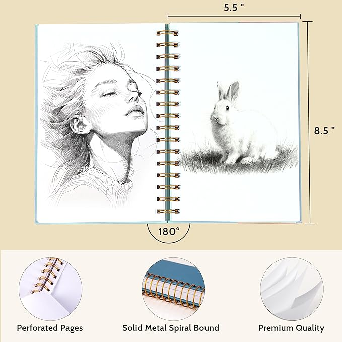Yoment 5.5" x 8.5" Sketch Book Small Sketchbook for Drawing 100 Sheets Hardcover Spiral Sketch Pad for Kids(68lb/100gsm) Art Sketchbook Drawing Blank Paper Book for Beginners Artists with Pencil Blue