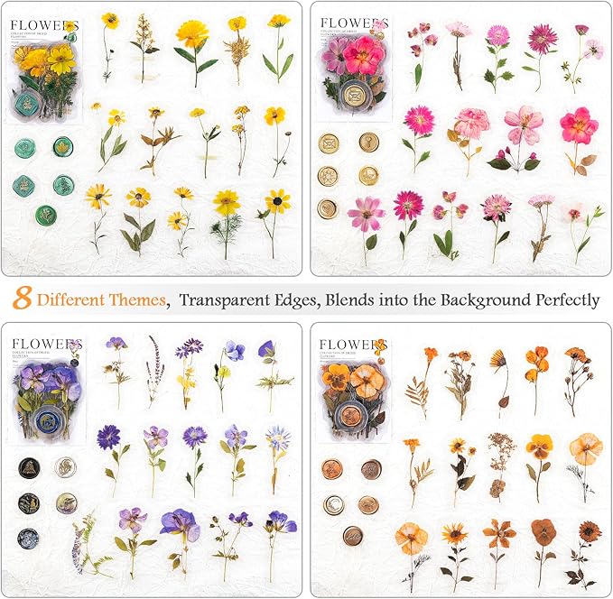 320PCS Pre-Cut Floral Stickers Set Small Flower Decal Journal Stickers PET Flower Sticker for Journaling Scrapbooking, Double Blade Line-Easy to Peel