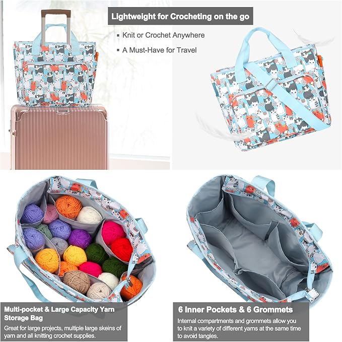 Katech Yarn Storage Bag-Large Capacity Knitting Crochet Bag Organizer-Multipocket Portable Crochet Yarn Storage Organizer for Crocheting Project, Knitting Needles, Crochet Hooks and Yarn