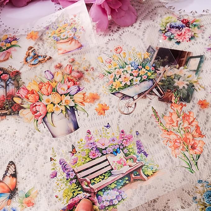 Floral Stickers Set,4 Colors 120 Pages Waterproof PET Flower Stickers for Scrapbooking, Journaling, Junk Journal Supplies, Bullet Journal Planner Decorations