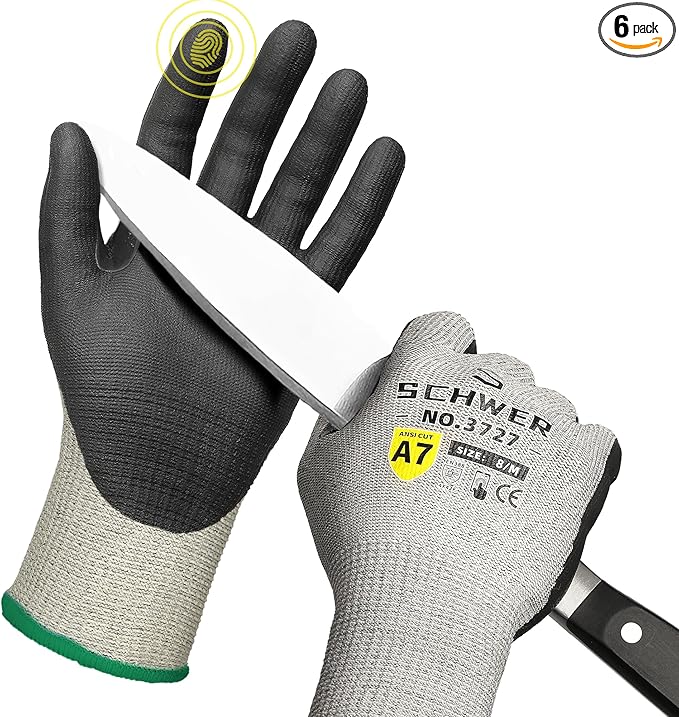 6 Pairs High Level Cut Resistant Work Gloves for High Risk Work, ANSI A7 Cutting Gloves with Reinforced Thumb, Used for WoodWorking, Construction, Non Slip, Durable, Breathable & Cool, M, PR3727