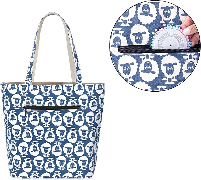 Yarwo Knitting Bag with Small Zipper Pouch, Yarn Tote for Knitting Needles, Skeins of Yarn and Crafts Supplies On the Go, Christmas & New Beginnings Gifts for Women, Sheep (Patented Design)