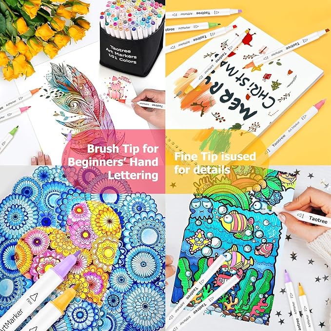 Taotree Alcohol Markers 101 Colors Dual Tips Art Markers Sketch Pens Set, Art Supplies Kit, Drawing Pens Set for Adult Coloring Books Christmas Gifts for for Artist Drawing, Painting, Sketching