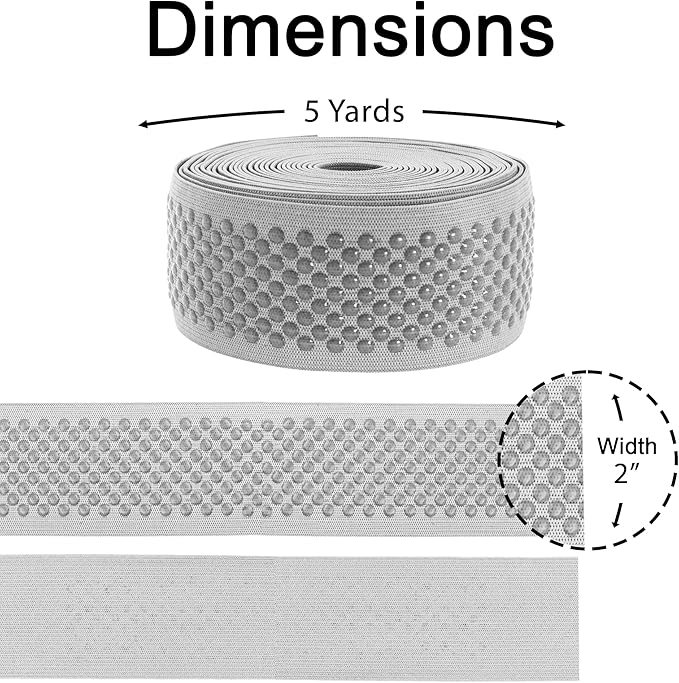 Mandala Crafts 2 Inch Elastic Silicone Gripper Tape for Clothing - 5 Yds Dotted Non Slip Elastic Band for Sewing - Gray Silicone Flat Fabric Stretchy Ribbon Straps