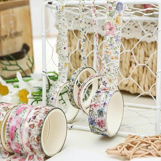 18 Rolls Seasons Flowers Washi Tape Set Floral Arts Adhesive Tapes Blooming Garden Decorative Masking Tape Sets for Craft, Kids, Scrapbook, DIY, Gift Wrapping (Spring)