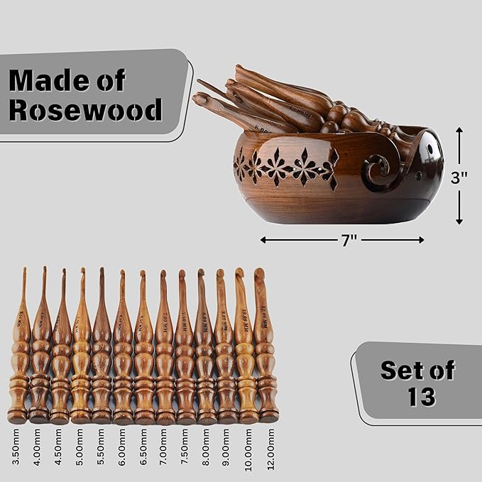 DnU Avenue Sheesham Wood Set of 13 Ergonomic Crochet Hooks 3.5 MM to 12 MM, Wooden Yarn Crochet Hooks for Arthritic Hands, Knitting & Crochet Storage, Soft Grip, Wood finish, Brown (Hooks with Bowl B)