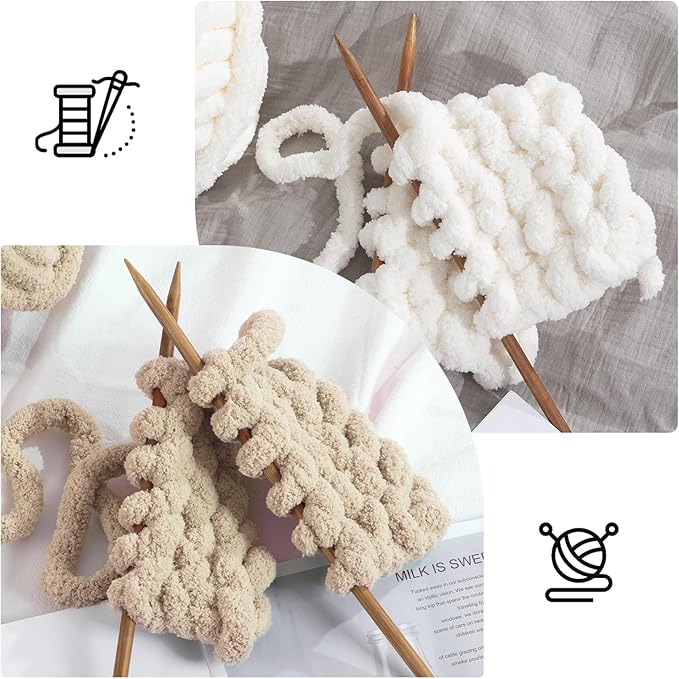 HOMBYS 8 Pack Assorted Chunky Yarn for Crocheting,Super Bulky Large Soft Fluffy Yarn,Plush Fuzzy Yarn,Thick Chenille Yarn for Hand Knitting/Arm Knitting,4 White & 4 Khaki(27yds,8 oz Each Skein)