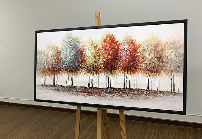 Tiancheng Art, 24x48 Inch Modern Abstract Painting Oil Hand Paintings Tree 3D Hand-Painted On Canvas Acrylic Frame Wall Art Colorful Forest Box Table Hanging Wall Decoration