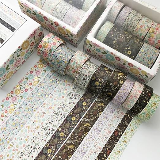 YUBX Creative Washi Tape Set 10 Rolls Gold Foil Print Decorative Masking Tapes for Arts, DIY Crafts, Journals, Planners, Scrapbook, Wrapping (Garden Maze)