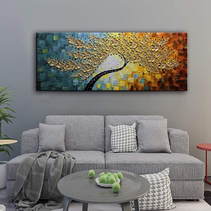 YaSheng Art -100% Hand Painted 3D Golden Flowers Contemporary Art Oil Painting On Canvas Texture Palette Knife Tree Paintings Home Dining Room Living Room Wall Decor Large Abstract Canvas Art Paintings 24x60inch
