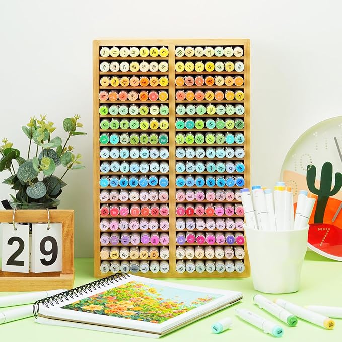 Ohuhu Bamboo Marker Organizer, Desktop Storage Hold 224 Markers for Honolulu Oahu Series of Ohuhu Markers, Pens Pencils Stationary Organizer Holder with 32 Compartments for Classroom Office Decor