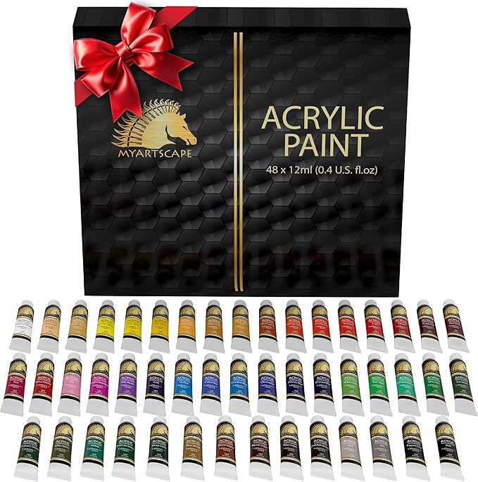MyArtscape Acrylic Paint Set - 48 x 12ml Tubes - Lightfast - Heavy Body - Non Fading - Vibrant Colors - Artist Quality Painting Supplies - Professional Grade Paints