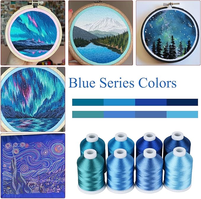 Simthread Blue Embroidery Thread – 8 Shades Compatible with Madeira Colors, 550 Yards Each, 40WT Polyester, for Brother, Babylock, Janome, Singer & Other Machines