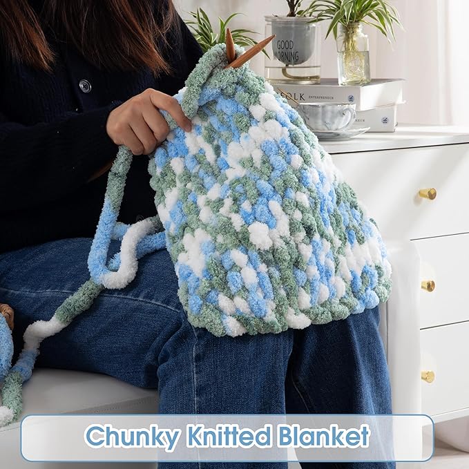 HOMBYS 8 Pack Giant Chunky Yarn for Crocheting,Super Bulky Large Soft Fluffy Yarn,Tie Dye Plush Fuzzy Yarn,Mixed Color Thick Chenille Yarn for Hand Knitting/Arm Knitting (Sky Blue,Green,White)