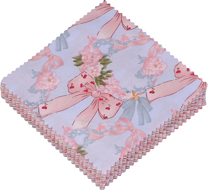 Hanjunzhao Blue Pink Bow Fabric Charm Packs for Quilting 5 inch - 84 5" Charm Squares - Cotton Fabric Quilt Squares 5x5 for Quilting, Sewing, DIY Bowknot, Hair Accessories, Holiday Party Decor, Bows
