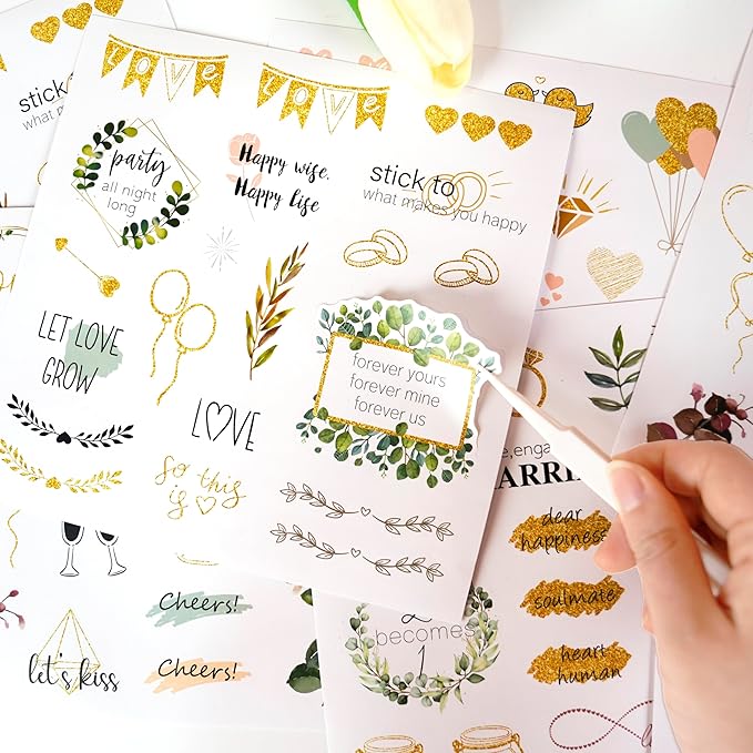 4 Sheets Wedding Celebration Stickers for Bridal Scrapbooking, Pastel Pink Self-Adhesive Waterproof Wedding Stickers for Letters,Bridal Shower,Invitations,Guestbook,Calendar