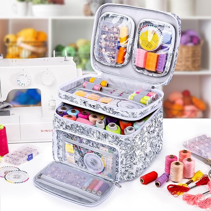 AMOIGEE Double-Layer Sewing Organizer Storage Bag with 2 Detachable Pouches, Large Quilted Sewing Basket for Supplies & Tools, Portable Travel Sewing Kit Case, Gift for Mom(Bag ONLY)