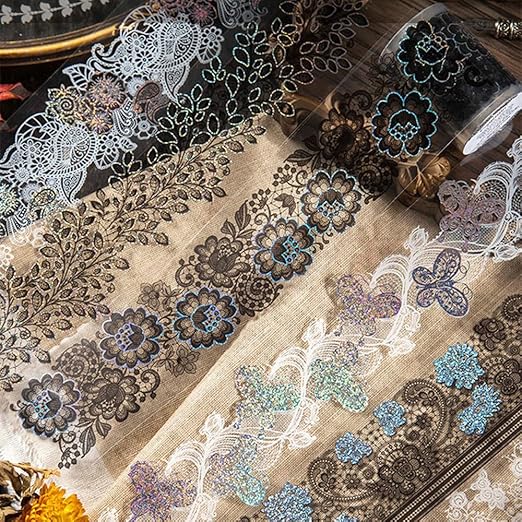 5 Rolls Washi Tape Lace Pattern Self-Adhesive Tape, White Black Floral Washi Silver Aesthetic Lace Tapes for Scrapbooking DIY Art Journaling Craft Gift Wrapping