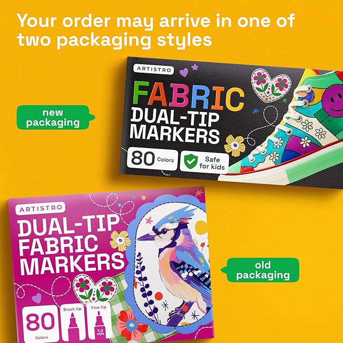ARTISTRO 80 Dual-Tip Fabric Markers - Fabric Decorating Kit - Permanent for Clothes - No Bleed Pens for T-Shirts, Bags, Textile, Canvas, and More (Brush Tip and Fine Tip)