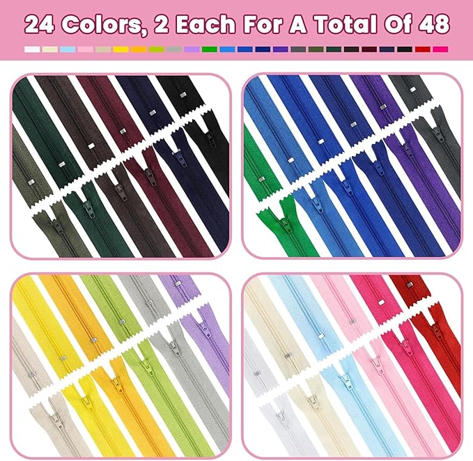 12 Inch Zippers, DOITEM 48 pcs 30cm/12 Inch Zippers for Sewing Multicolor Nylon Coil Zipper for Sewing and Crafts 24 Colors