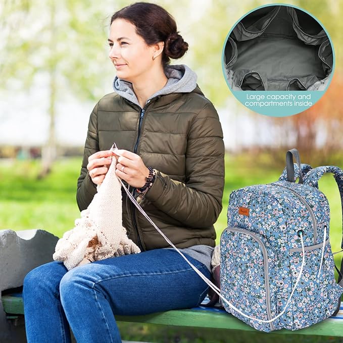Yarn Storage Organizer Knitting Bag Backpack - Large Size with Grommets, Portable Crochet & Knitting Accessories Bag (Flower-Blue)