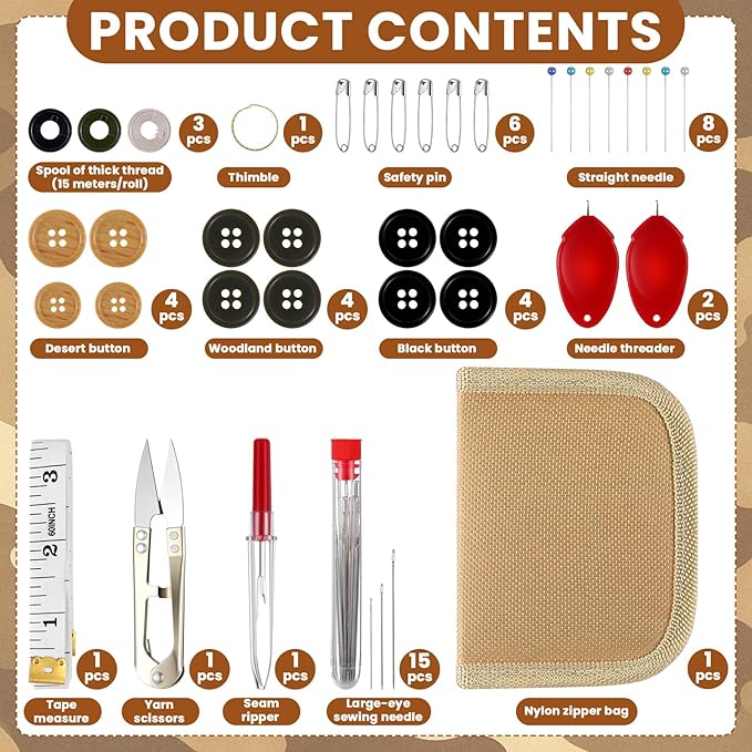 Suncalla Military Survival Sewing Kit Tactical with Buttons Durable Nylon Portable Small Sewing Kit for Men Women Complete Thread Needle Repair Tools for Travel Field Emergency(Brown,1)