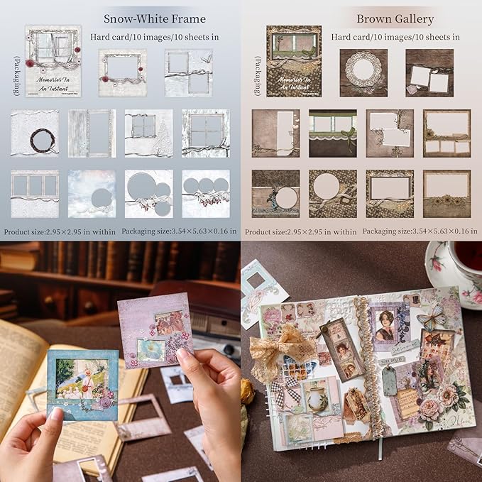 60 PCS Vintage Photo Frame Hard Card Scrapbook Stickers, Aesthetic Decorative Window Frame Sticker for Scrapbooking Supplies Junk Journal Handmade DIY Craft Decoration, Journaling Collage