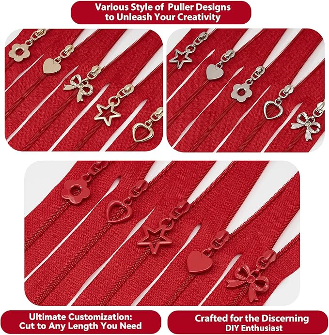 Mylbeter #3 Nylon Coil Zippers by The Yards Red Bulk Zippers 10 Yards with 40PCS Sliders Continuous Zipper Tape for DIY Bag Clothing Sewing Crafts Gold Pull Sliver Slider Zipper for Bags and Purses