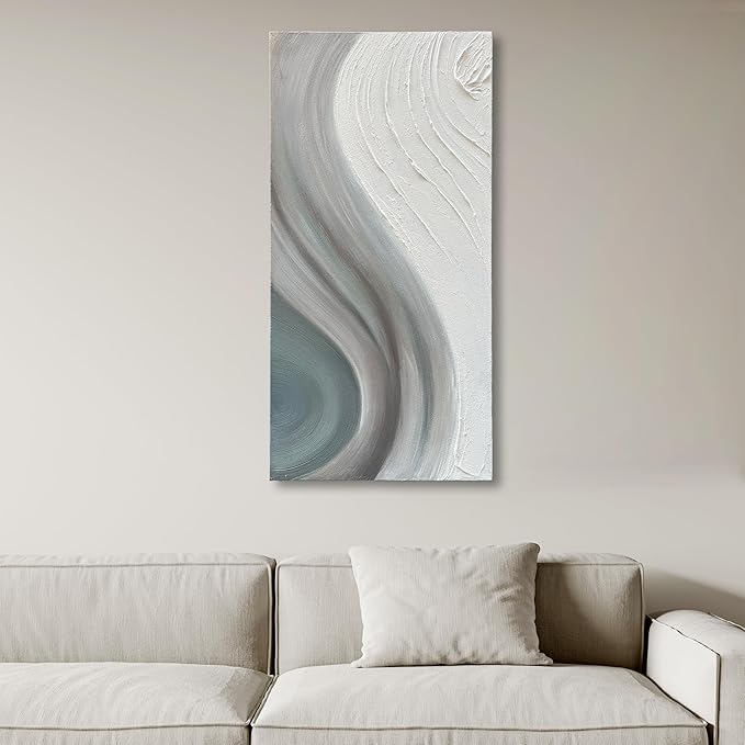 Art Hand-Painted White and Grey Gradient Texture Abstract Oil Painting, 48x24-inch Vertical Canvas Painting, Home and Office Wall Decoration Art