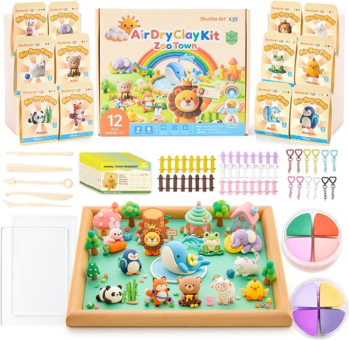Shuttle Art Air Dry Clay for Kids - Zoo Town, 55 PCS Modeling Clay Kit with Sculpting Tools and Tutorials, Safe & Non-Sticky, Craft Gifts for Boys & Girls