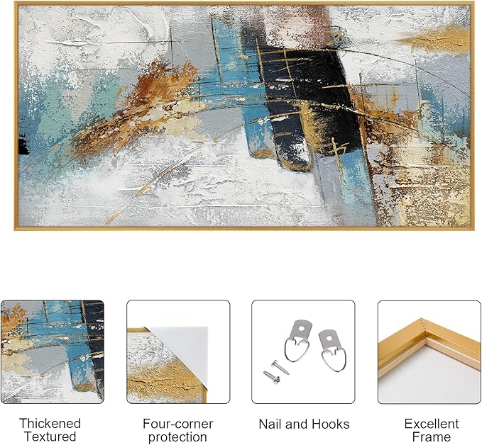 Large 100% Handmade Abstract Oil Painting with Frame Modern Original Hand Painted Heavy Textured Wall Painting Blue Gold Grey Canvas Wall Art Wall Decor for Living Room Bedroom Office Hang 48x24 inch