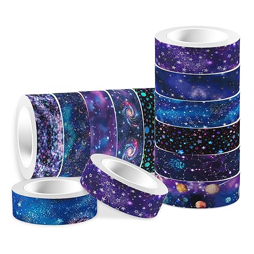 12 Pcs Starry Sky Washi Tape Set Starry Sky Galaxy Washi Tapes Space Themed Patterned Masking Tape Sets Starry Sky Decorative Paper Sticker for Scrapbook DIY Craft Gift Wrapping Handbook Sticker
