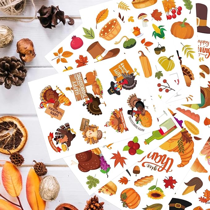 32 Sheets Thanksgiving Stickers, Fall Autumn Sticker Turkey Fall Harvest Food Pumpkin Maple Leaves Stickers, Thanksgiving Party Favors Supplies