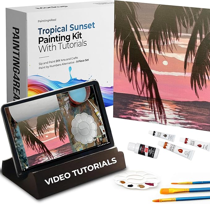 Painting4Real DIY Art Painting Kit for Adults – Learn to Paint Tropical Sunset with Video Tutorials – 9 Pieces Acrylic Paint Set for Adults –Perfect Christmas Crafts & Holiday Gifts for Art Lovers
