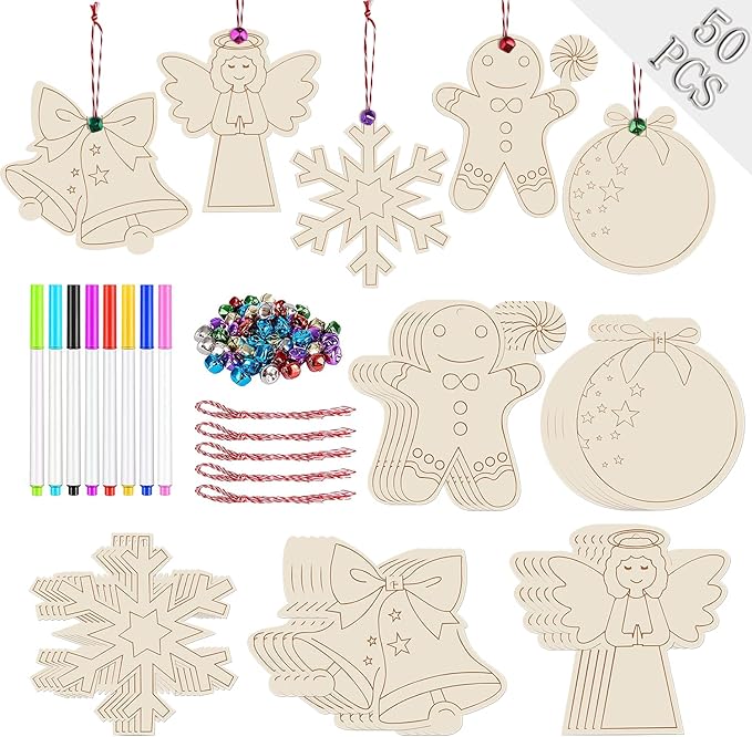 Artmag 50pcs Unfinished Wooden Christmas Ornaments Wood Slices with Holes for DIY Crafts Centerpieces Holiday Hanging Decor Decorations 5 Styles