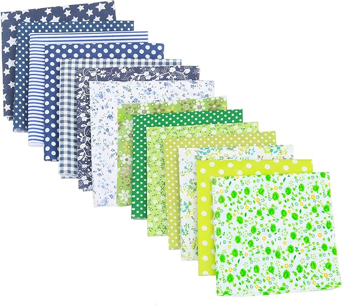 XANADU 10x10 Inch Cotton Fabric Squares Bundle -14 Pcs Pre-Cut Quilting Fabric for Sewing & Craft Patchwork (Green + Navy Blue)