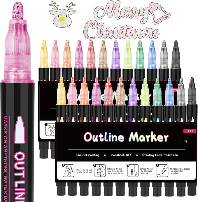 Outline Markers,12 Colors &2 Sets Shimmer Markers Set, Self Outline Metallic Outline Marker Pen Set for Art, Drawing, Doodling, Card Making, Greeting Cards, DIY Crafts
