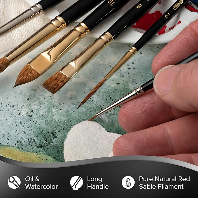 Silver Brush Limited RN-7140 Renaissance Red Sable Set, Paintbrushes for Oil, Watercolor, Gouache, Inks, Dyes, and Acrylics, Set of 4, Size 4 Round, Bright, Fan, & Cat's Tongue Brushes, Long Handle