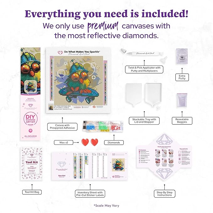 DIAMOND ART CLUB Skate Bird Diamond Painting Kit, Fun DIY Crafts for Adults, Round Diamond Art Canvas, 9" x 9"