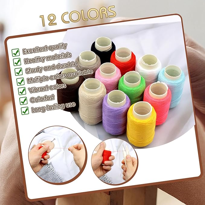 46 Pcs Big Eye Steel Sewing Needle Kit, Portable Stainless Steel Sewing Needle Kit, 25 Steel Needles for Hand Sewing, 12 Colors Threads, Scissor, Storage Bag, DIY Craft Repair Tools for Daily Use﻿