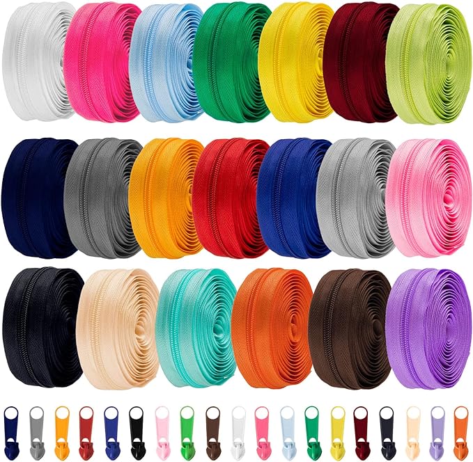 WILLBOND 60 Yards 20 Pcs Sewing Zippers Bulk #5 Nylon Coil Zippers 20 Color Assorted Zipper for Sewing with 200 Zipper Sliders for DIY Tailor Bags Purses Crafts Supplies (Various Color)