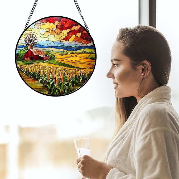 Stained Glass Window Hanging Autumn Farm Corn Harvest Landscape 6.3" - Suncatcher Garden Door Sun Catcher Home Decor Birthday Christmas for Woman Mom Friend Men Nana