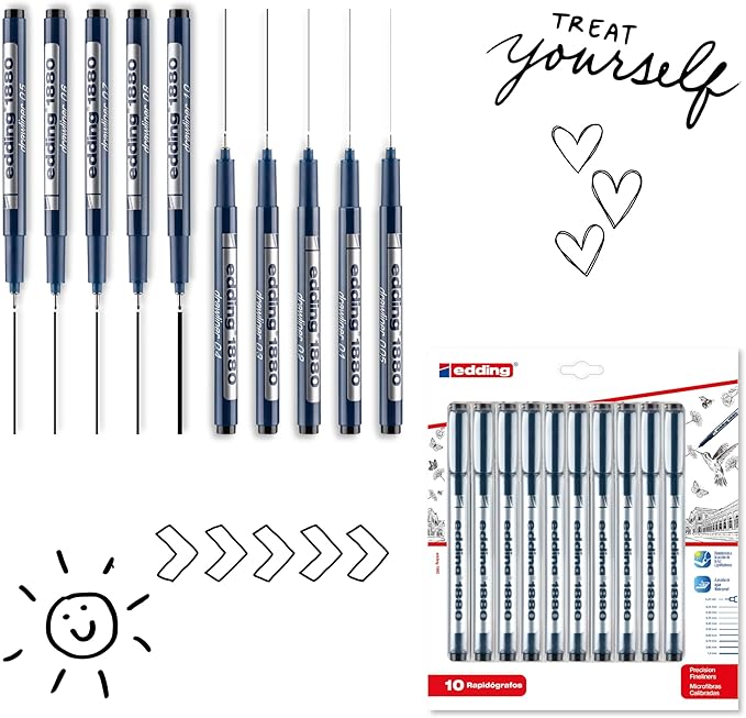 edding 1880 Drawliner/Fineliner Technical Pen Set, 10 Count, Black, 0.05–1 mm Nib Sizes