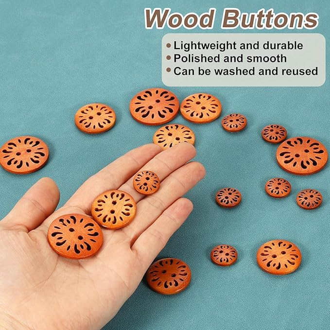 HARFINGTON 100pcs 2 Hole Flower Craft Sewing Button 15mm Handmade Wood Replacement Round Buttons for Clothing Decoration DIY Accessories, Brown