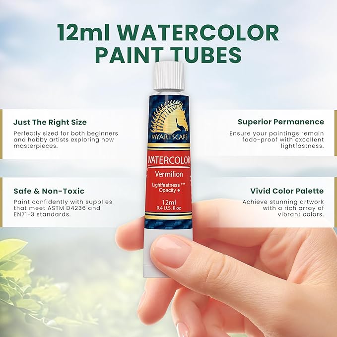 MyArtscape Watercolor Paint Set - 24 x 12ml Tubes - Lightfast - Vibrant Colors - Excellent Transparency - Kit for Vivid Watercolors Painting - Professional Artist Paint Supplies