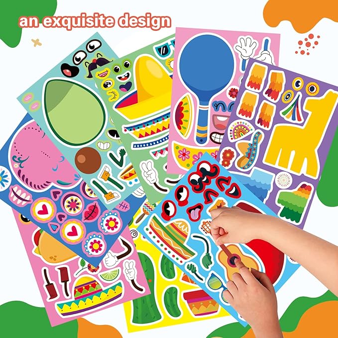 24 PCS Mexican Fiesta Stickers, Make Your Own Mexican Carnival Stickers, Make a Face Stickers for Kids, Cinco De Mayo Tacos Cactus Guitar Sticker for Mexican Carnival Themed Birthday Party Supplies
